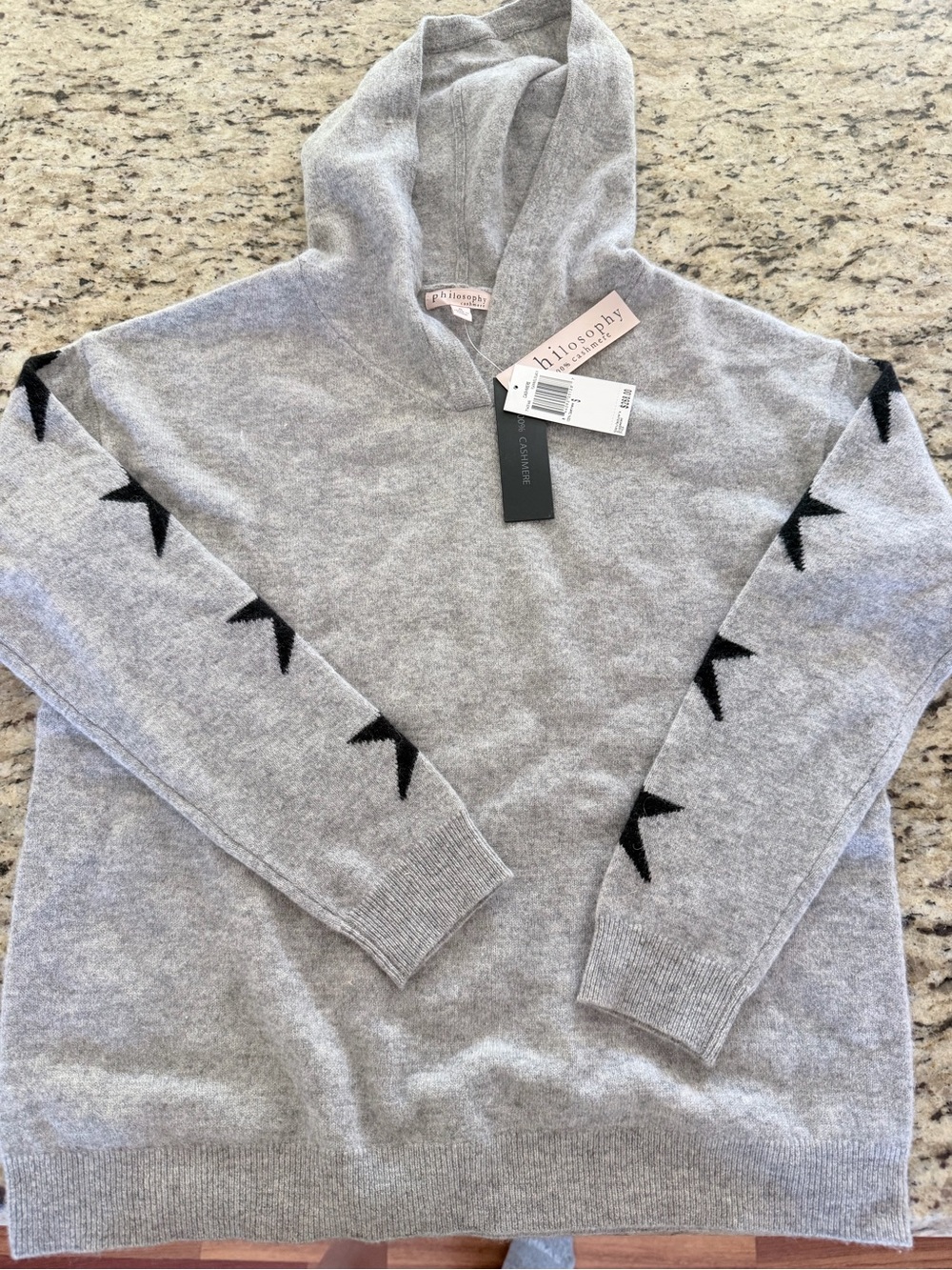 Philosophy Light Gray Cashmere Hooded Pullover with Black Tag Accents